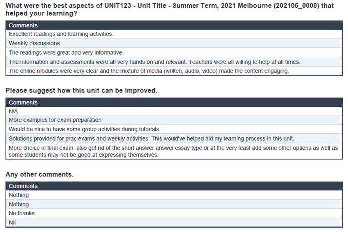SELT Student comments collated